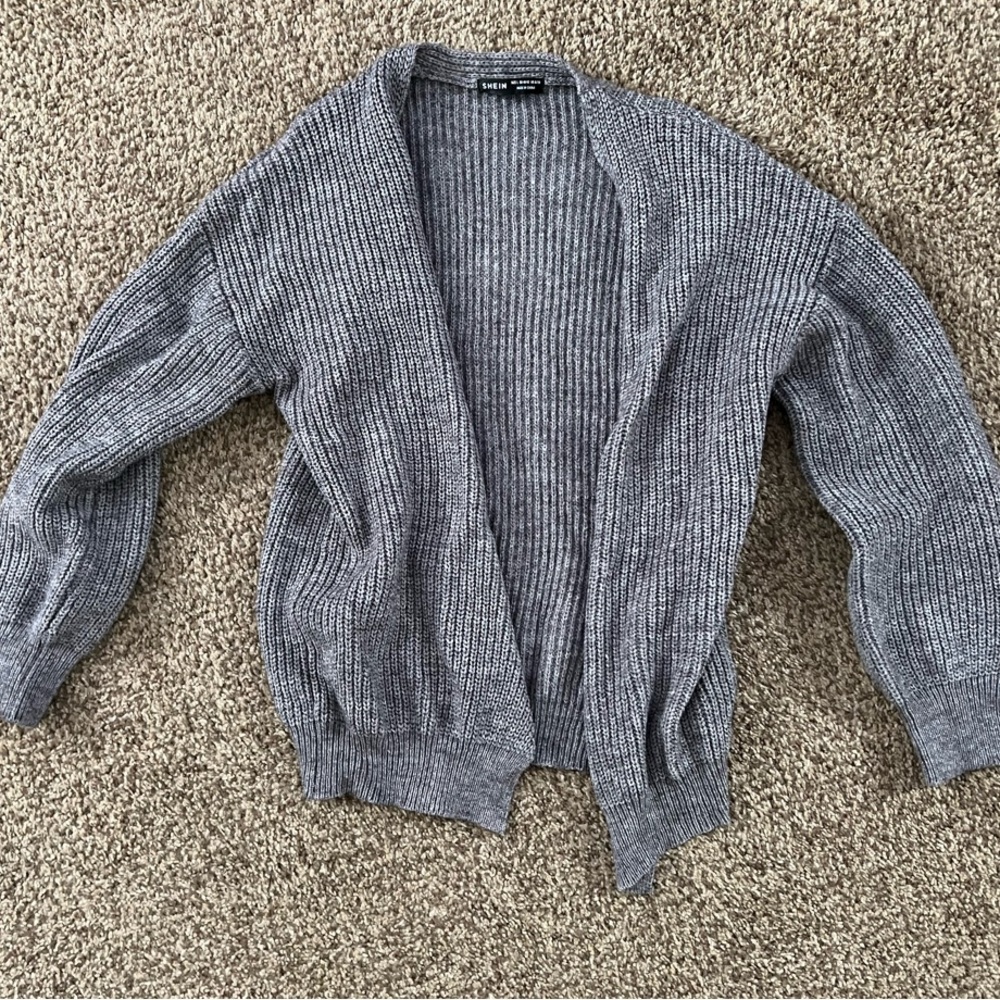 Gray Ribbed Cardigan Sweater